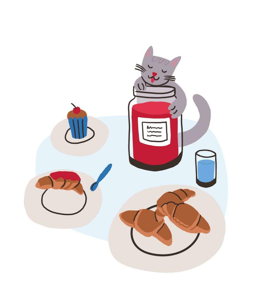 fofa ilustração do uma gato comendo geléia com Comida e bebida. Paris cafeteria crianças ilustração para cenário livro dentro mão desenhado estilo. croissants dentro cafeteria. vetor