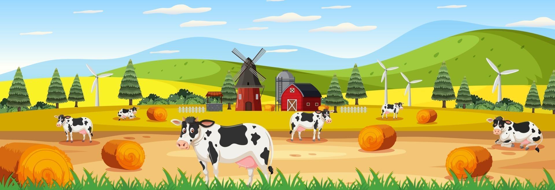 cena panorâmica de paisagem com muitas vacas na fazenda vetor