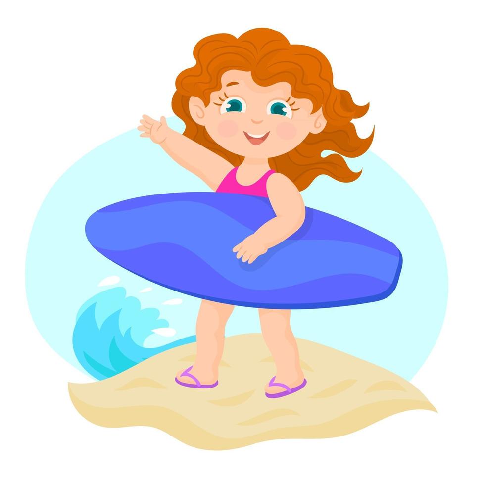 garota legal surfista na praia durante o verão vetor