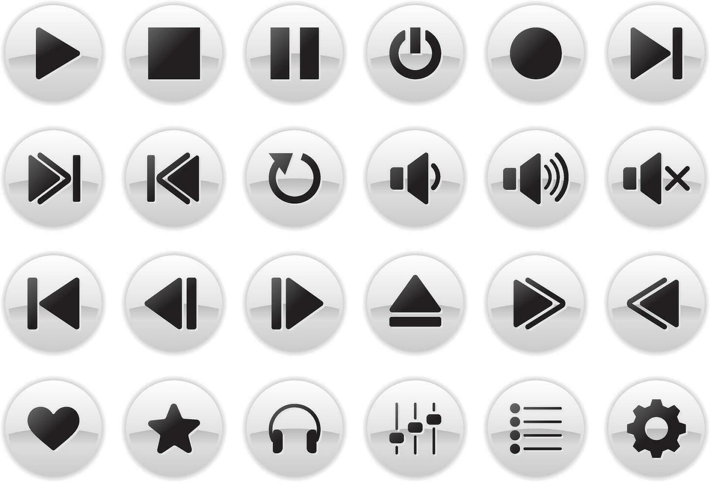 meios de comunicação jogador botão. multimídia símbolos e áudio, música alto falante volume branco ícones. vetor