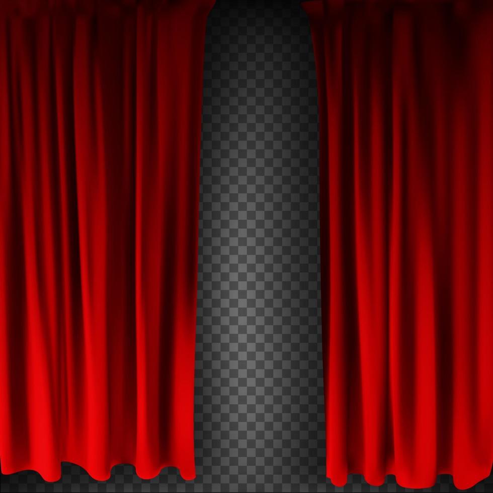 cortina de veludo vermelho colorido realista dobrada sobre um fundo transparente. cortina de opção em casa no cinema. ilustração vetorial vetor