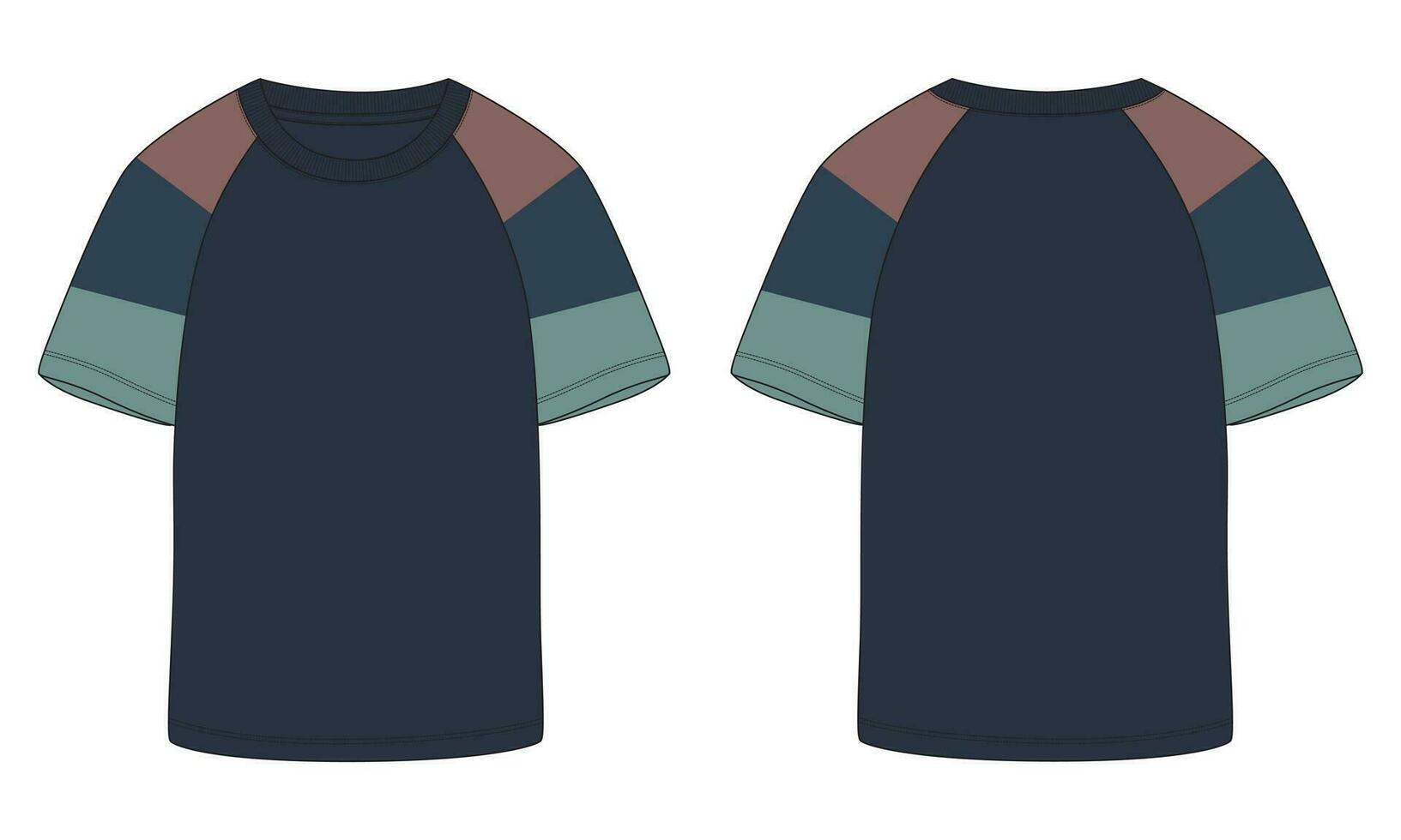 camiseta raglan de manga curta modelo de ilustração vetorial de esboço plano de moda técnica frente, vistas traseiras vetor