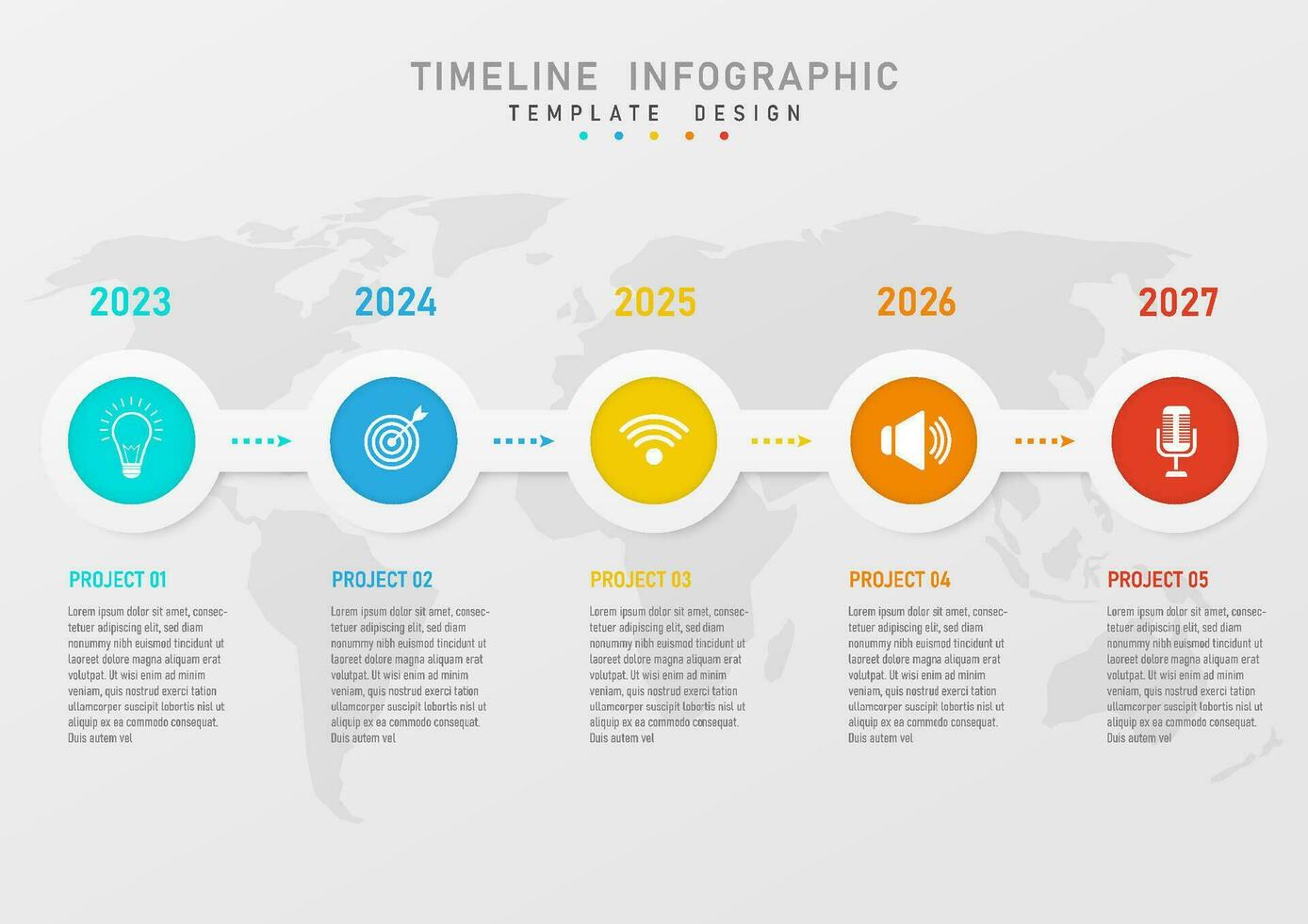 infográfico o negócio modelo Linha do tempo 5 anos multi colori círculos com Centro ícone acima multicolorido números, abaixo lá é texto. por baixo lá é uma mundo mapa. cinzento gradiente fundo vetor