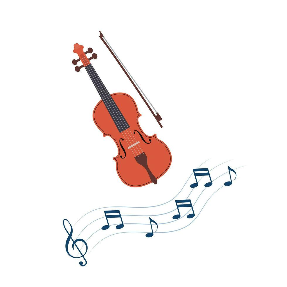 clássico violino com arco. agudo clave com notas em ondulado linhas. conceito do música e entretenimento. vetor ilustração.