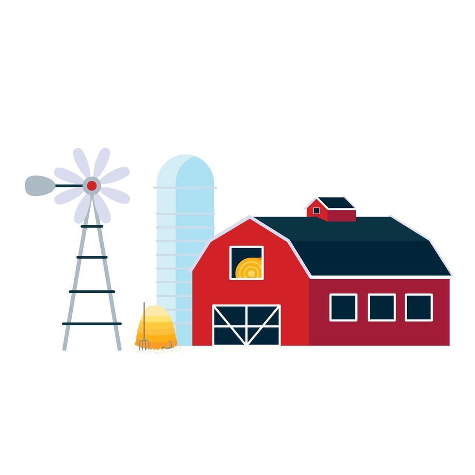 celeiro de casa vermelha com silo, moinho de vento e pilha de ilustração vetorial de estilo simples de feno, isolada no fundo branco. elementos agrícolas e de paisagem agrícola para suas necessidades vetor