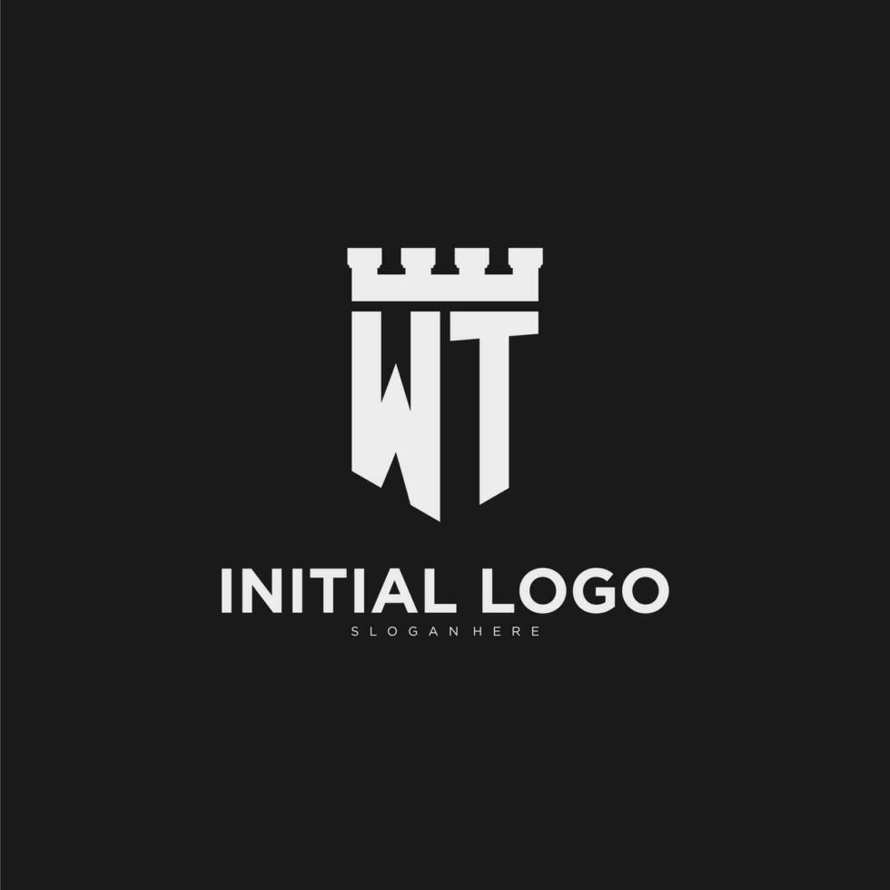 iniciais wt logotipo monograma com escudo e fortaleza Projeto vetor