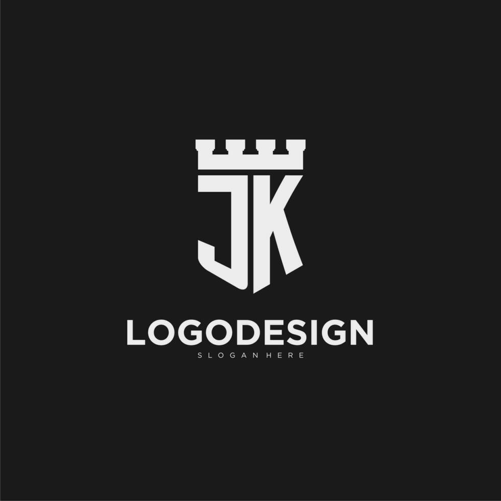 iniciais jk logotipo monograma com escudo e fortaleza Projeto vetor