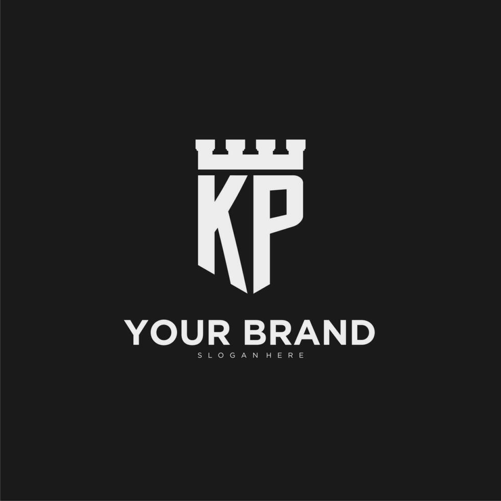 iniciais kp logotipo monograma com escudo e fortaleza Projeto vetor