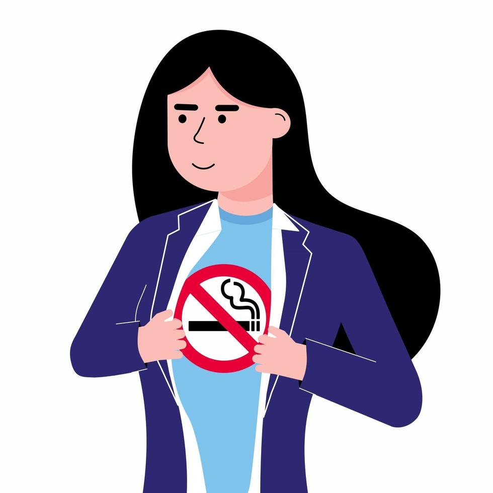 não fumar menina jovem mulher rasga a camisa e mostra a t-shirt com nenhum sinal de fumar ícone estilo plano design ilustração vetorial isolado de fundo branco. conceito super-herói da menina modelo de menina não fumadores. vetor