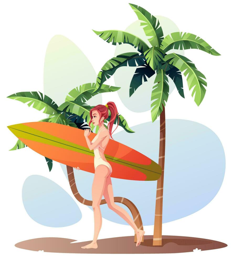 menina com uma prancha de surfe. uma surfista anda em ao longo a de praia com Palma árvores verão ensolarado ilustração, em repouso mulher dentro uma roupa de banho. verão tempo, ao ar livre Atividades, Esportes. desenho animado estilo vetor