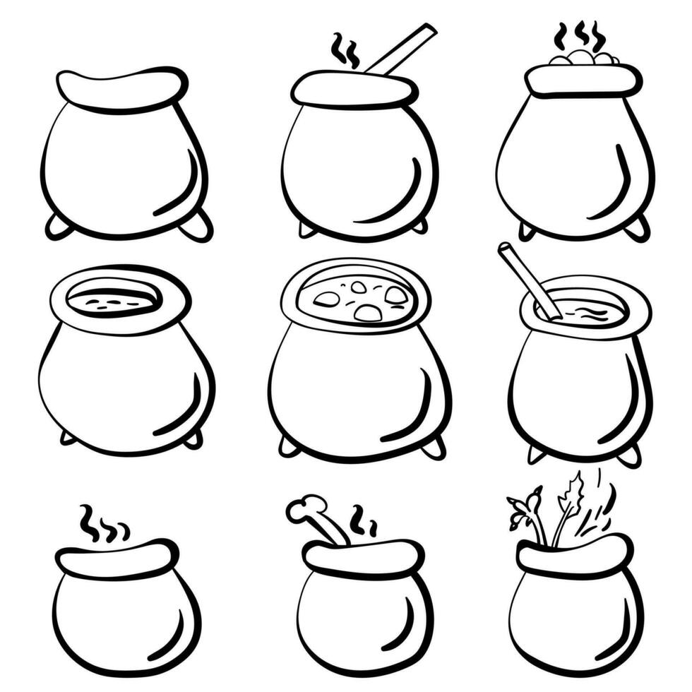esboço conjunto do bruxas caldeirões dentro rabisco estilo, mágico utensílios para fermentação poções vetor