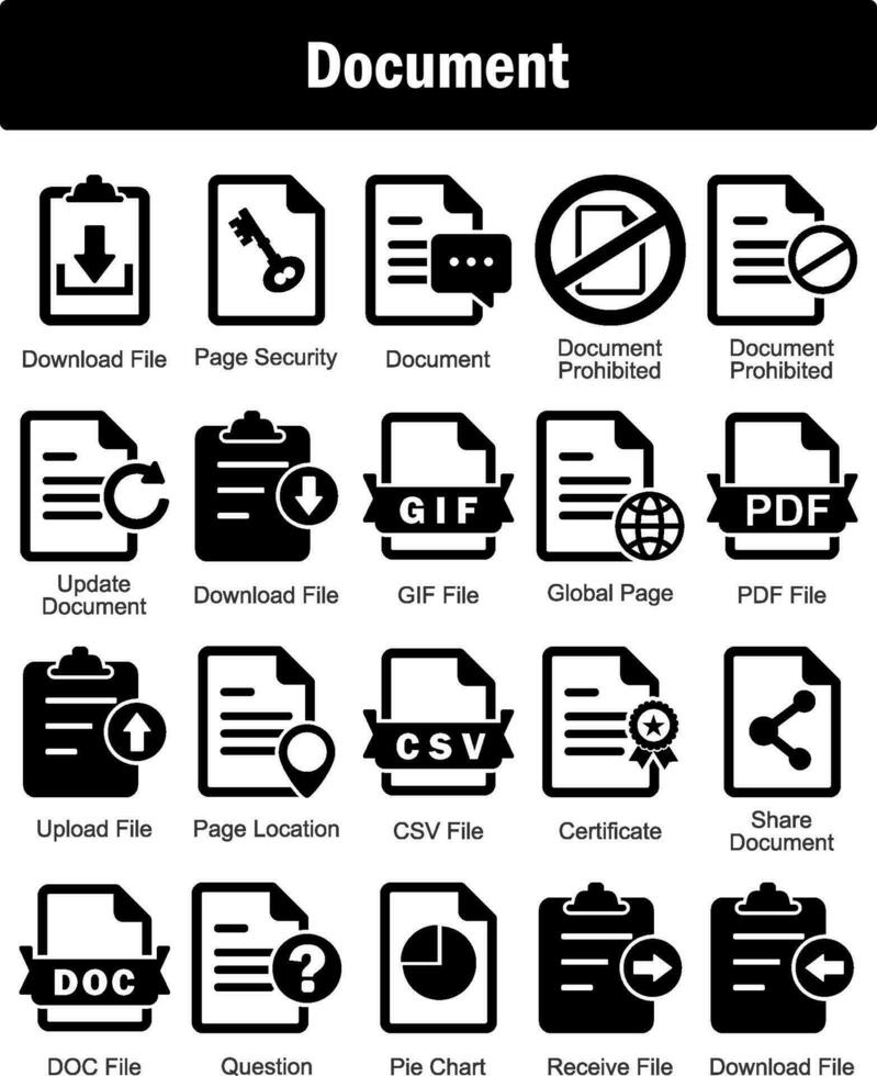 uma conjunto do 20 documento ícones Como baixar arquivo, página segurança, documento vetor