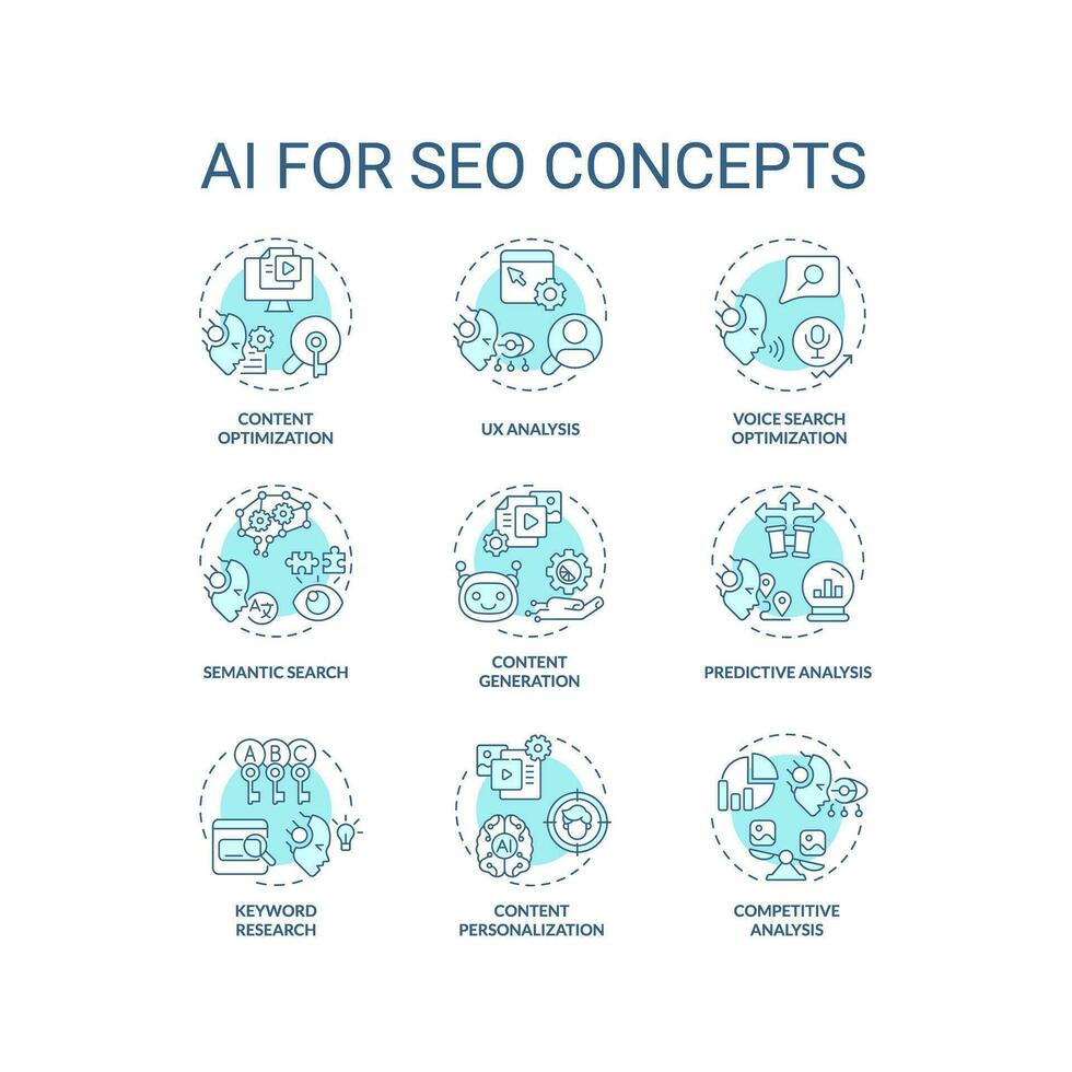 2d editável ícones conjunto representando ai para seo conceitos, isolado vetor, azul fino linha azul ilustração. vetor