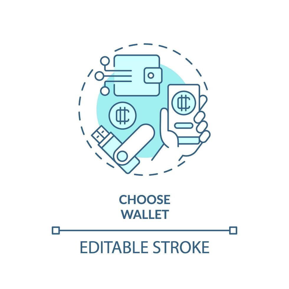 2d editável escolher carteira fino linha ícone conceito, isolado vetor, azul ilustração representando digital moeda. vetor