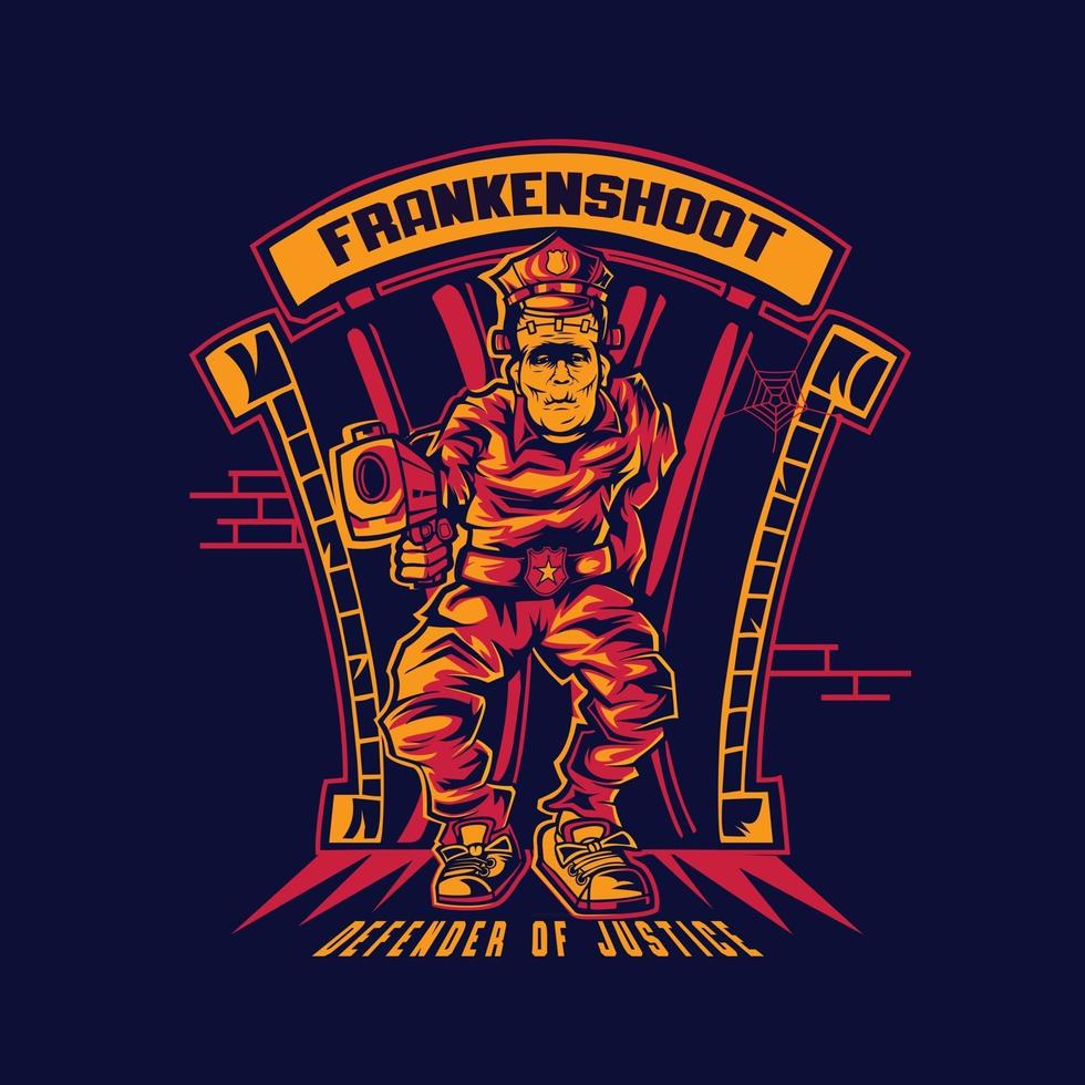 polícia de Frankenstein com arma na frente da cela vetor