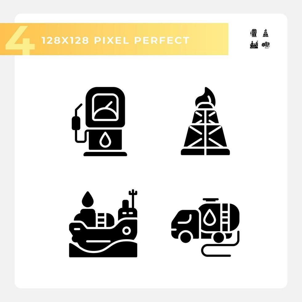 energia setor Preto glifo ícones conjunto em branco espaço. óleo e gás exploração. global troca. petróleo indústria. poder estação. silhueta símbolos. sólido pictograma pacote. vetor isolado ilustração