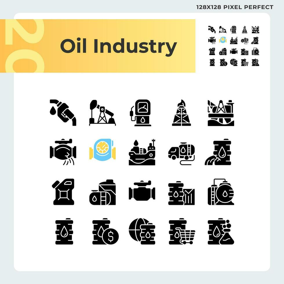 óleo indústria Preto glifo ícones conjunto em branco espaço. energia mercado. natural recurso. petróleo refinamento. combustível economia. silhueta símbolos. sólido pictograma pacote. vetor isolado ilustração