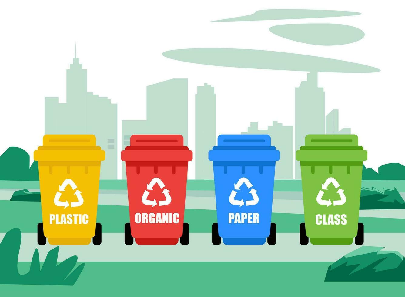 lixo latas para orgânico, papel, plástico, vidro desperdício em cidade fundo. coleção do colorida separação reciclar bins. vetor ilustração dentro plano estilo