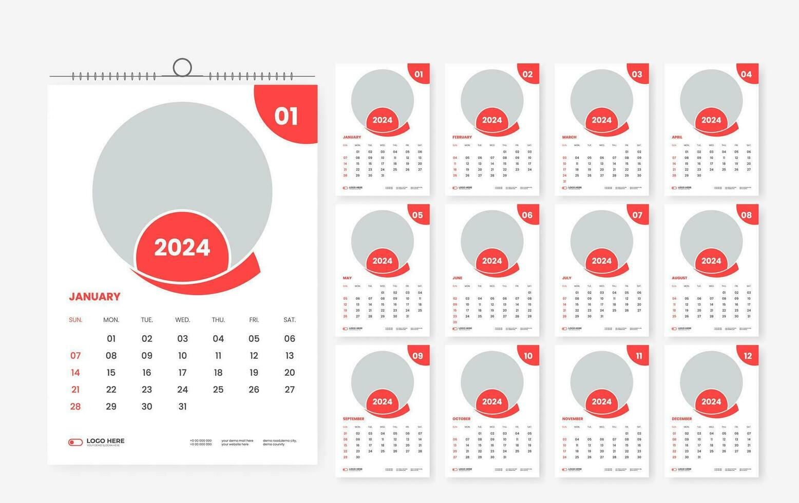 2024 parede calendário modelo Projeto 12 página vetor