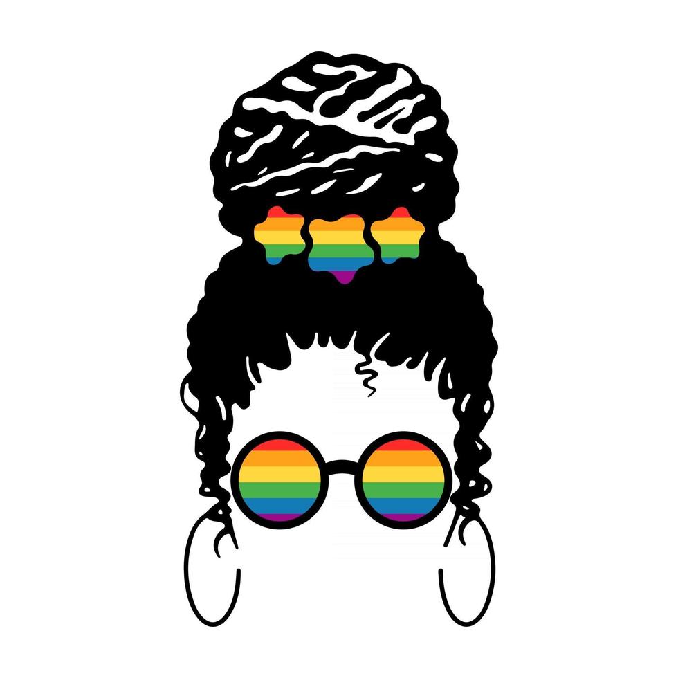 bela jovem negra com óculos coloridos lgbt e uma decoração de cabelo isolada no fundo branco. ilustração em vetor plana. design para banner, cartaz, cartão, folheto