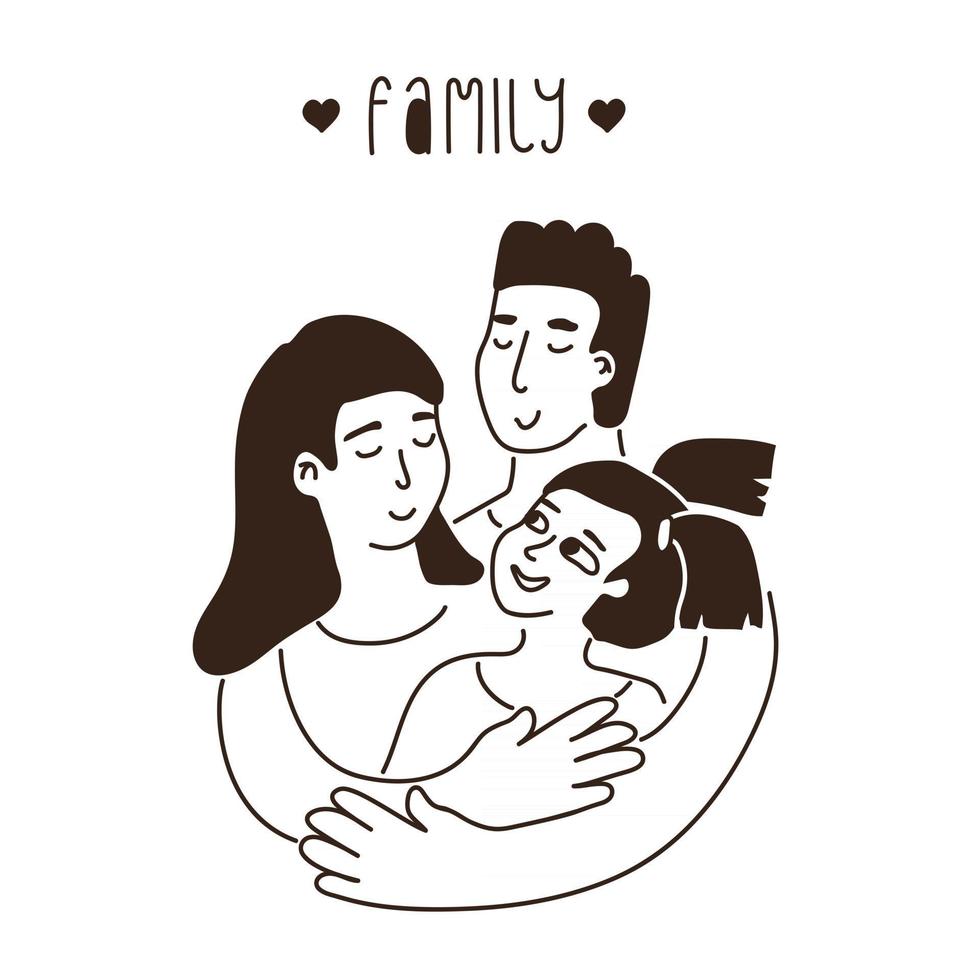 retrato de família do vetor. homem cobre mulher e criança com as mãos. delinear ilustração em preto e branco e texto de família vetor