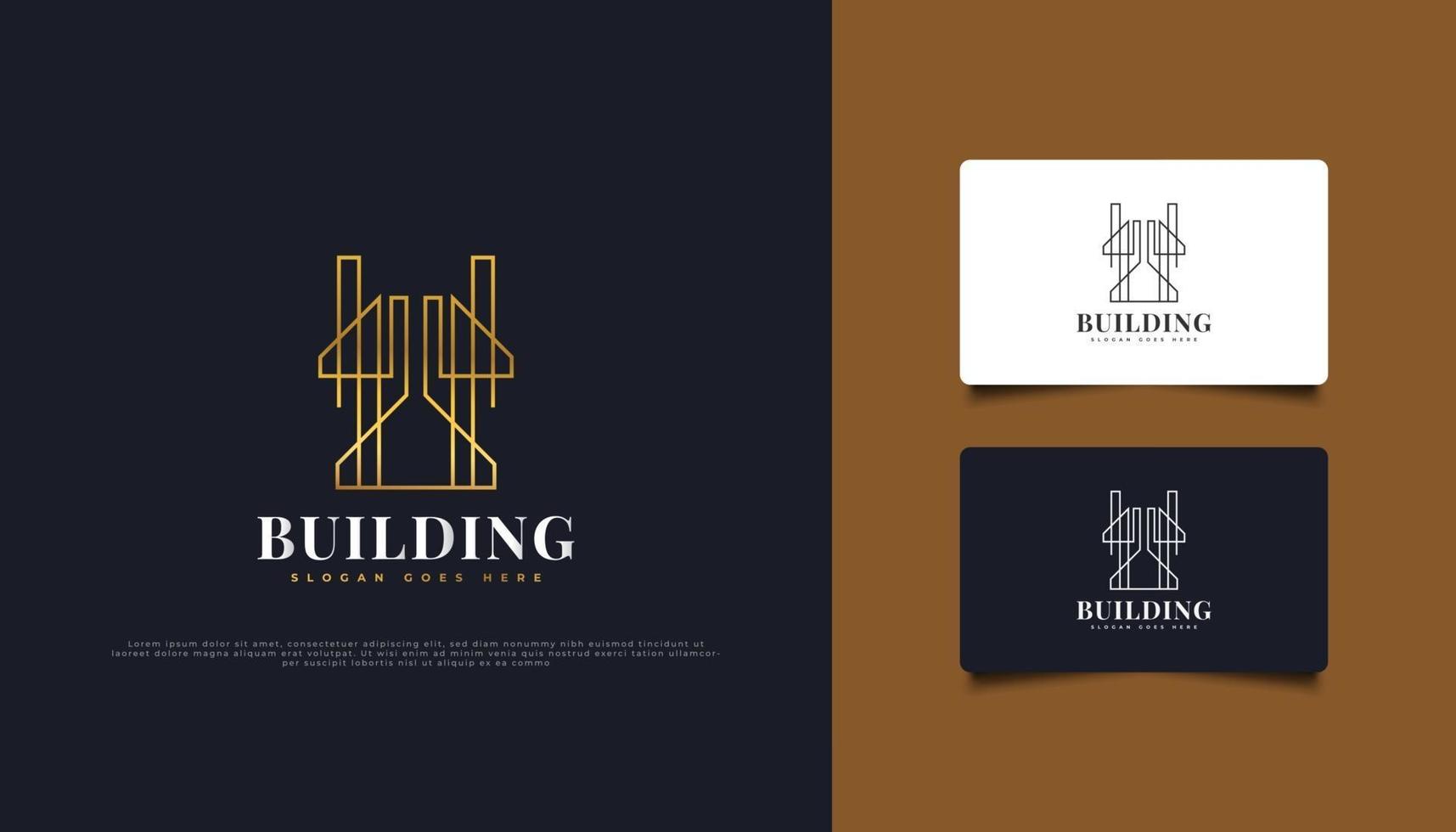 design de logotipo de ouro imobiliário de luxo com estilo de linha. construção, arquitetura ou modelo de design de logotipo de construção vetor