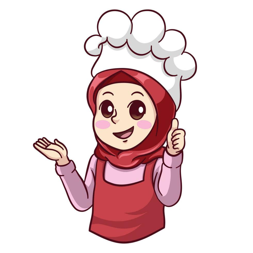 ilustração fofa muçulmano fêmea chefe de cozinha vestindo uma hijab dando polegares acima vetor