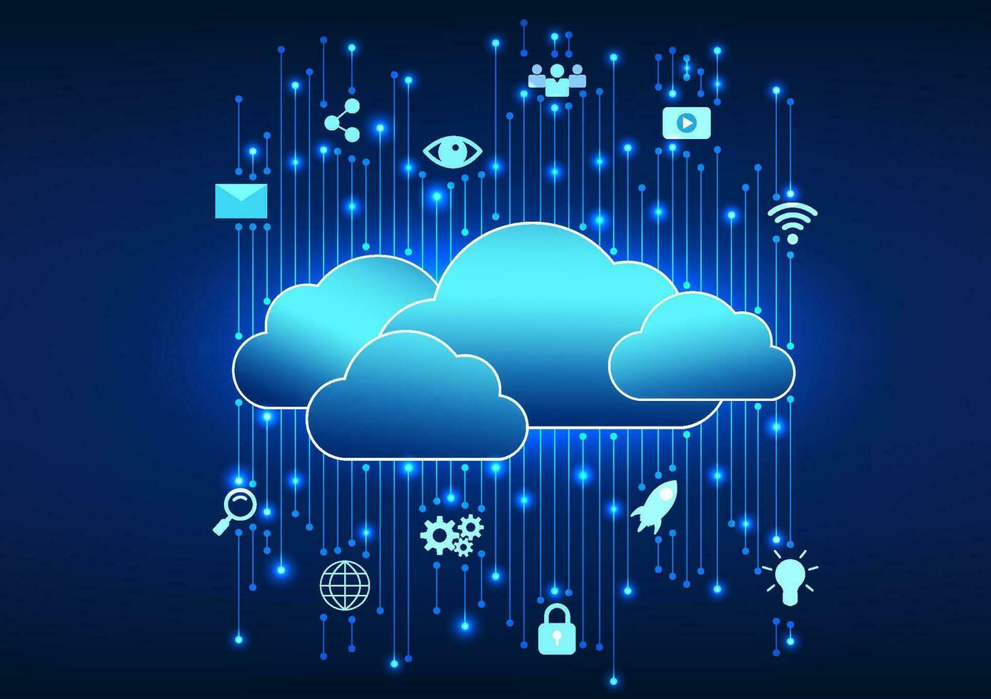 nuvem tecnologia, multi em camadas sobreposição nuvens com o circuito conectado tecnologia ícones refere para a nuvem tecnologia usava para loja dados sobre a Internet e pode sincronizar a dados para a receptor. vetor