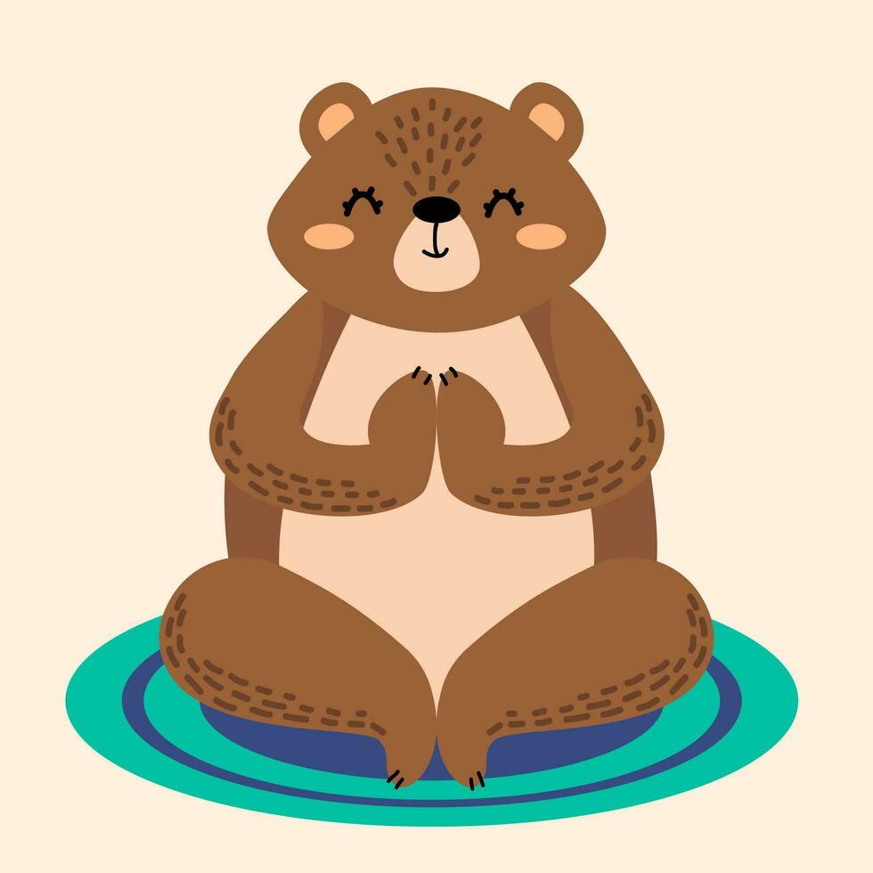 fofa meditando urso. a Urso é fazendo ioga. vetor ilustração dentro desenho animado estilo. Urso em ginástica esteira. animal tema. isolado fundo. plano estilo.