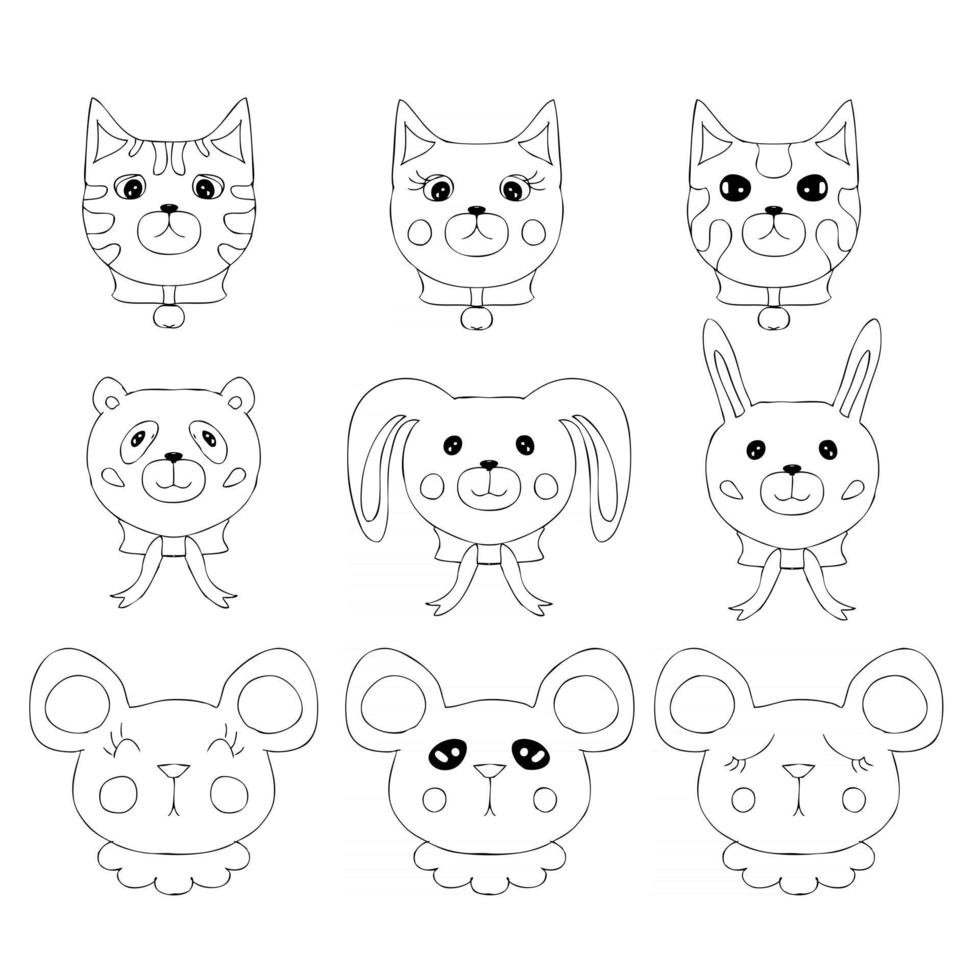 conjunto simples de desenhos de rostos de pequenos animais fofos vetor