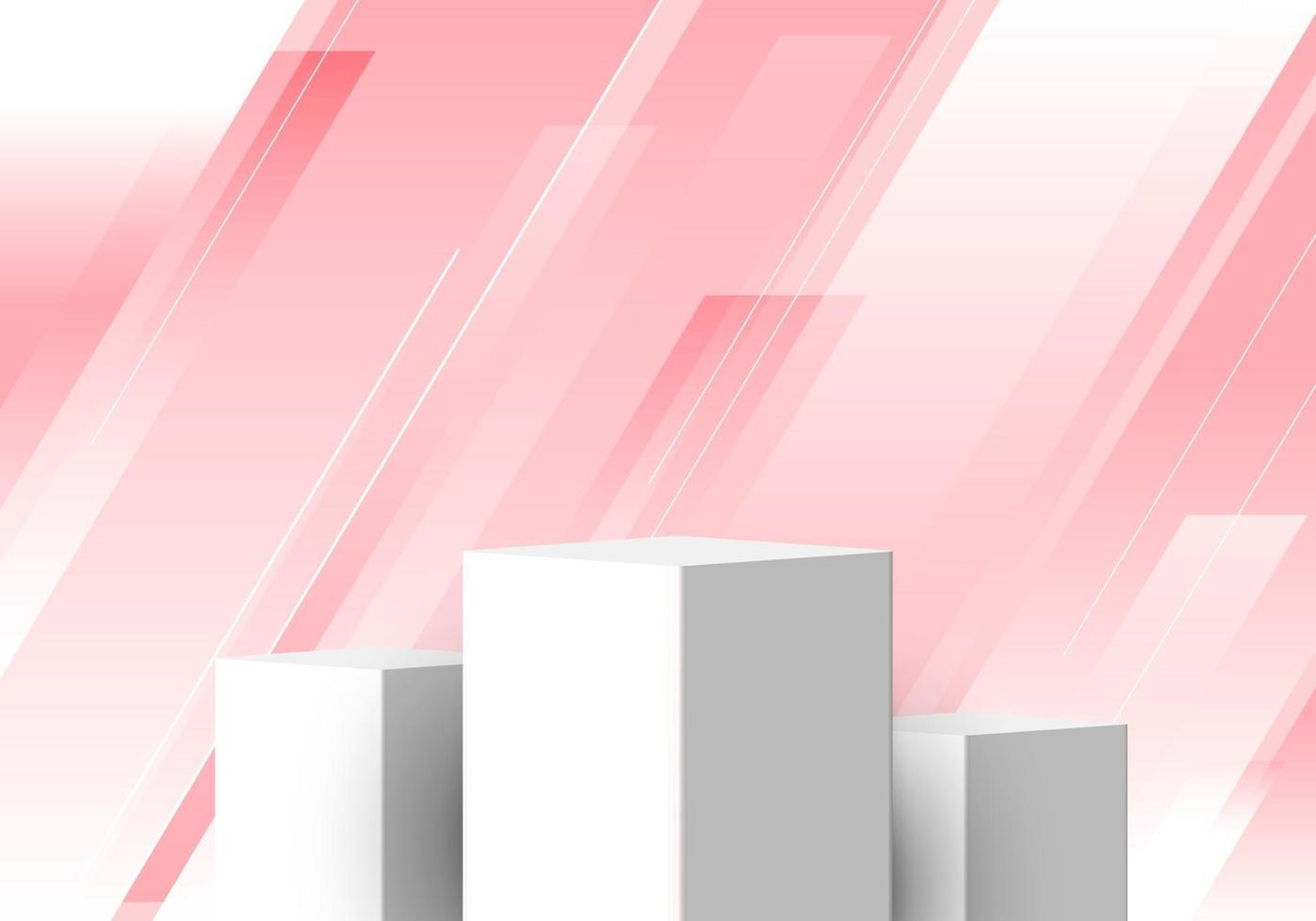 Conjunto 3D branco pedestal realista exibição de vitrine vazia em listras geométricas linhas diagonal fundo rosa vetor