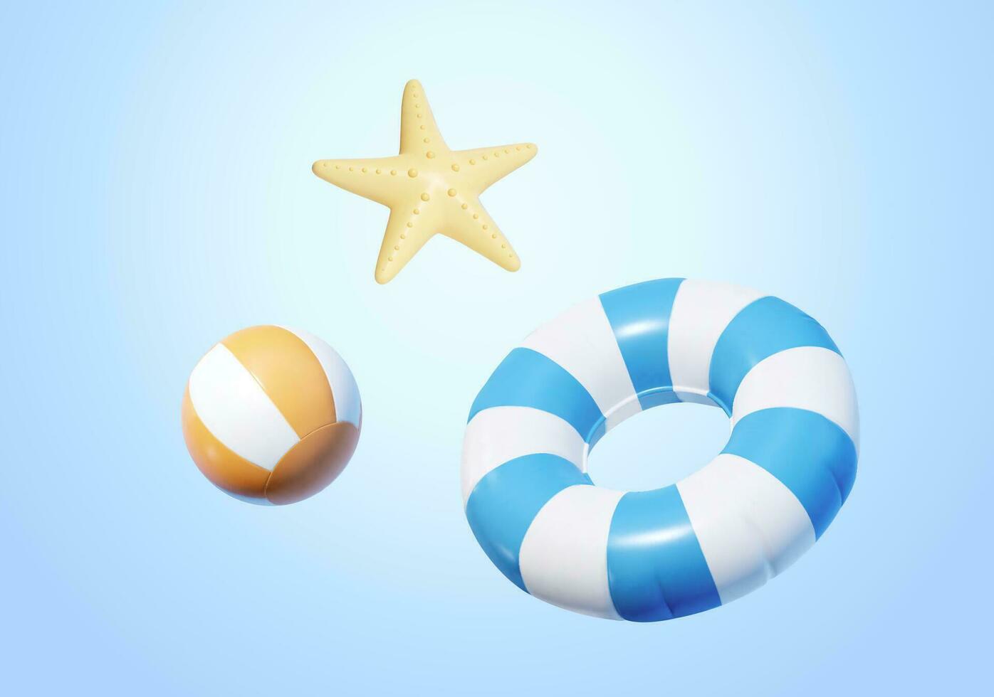 3d de praia brinquedo elementos isolado em luz azul fundo, Incluindo natação anel, de praia bola e mar estrela. vetor