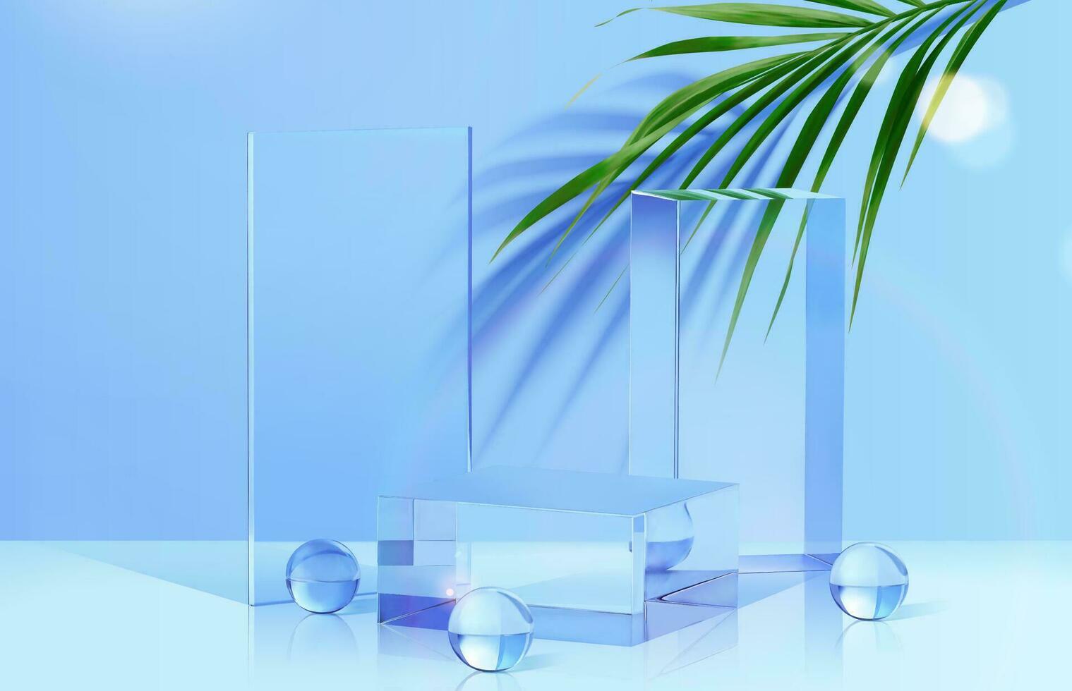 3d vidro exibição ficar de pé decorado com tropical folha, cristal bolas e pratos. lindo cena Projeto adequado para verão produtos. vetor