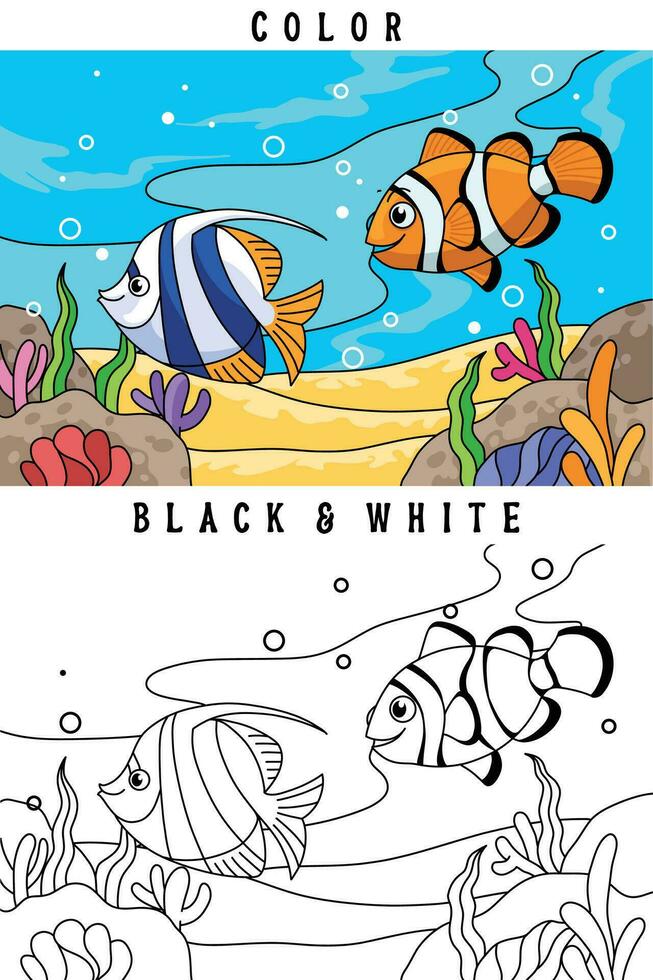 vetor desenho animado peixe e coral debaixo a mar, coloração livro ou página