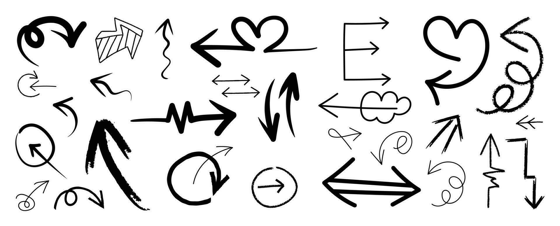 conjunto do Setas; flechas rabisco elemento vetor. mão desenhado rabisco estilo coleção do diferente Setas; flechas, ponteiros, apontando. ilustração Projeto para imprimir, desenho animado, cartão, decoração, adesivo, ícone, placa. vetor