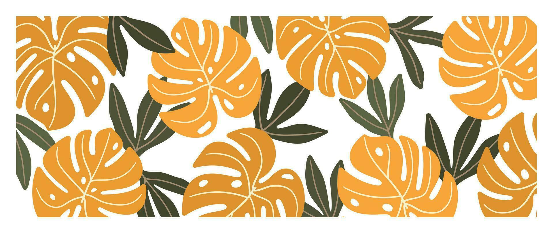 abstrato folhagem botânico fundo vetor. laranja e verde cor papel de parede do tropical plantas, monstro, folha galhos, folhas. folhagem Projeto para bandeira, impressões, decoração, parede arte, decoração. vetor