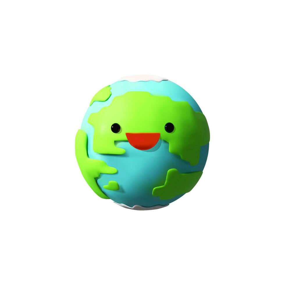 3d render engraçado terra personagem. verde e azul planeta. Salve  terra dia. kawaii astronomia mascote para crianças Educação. desenho animado emoticon vetor ilustração dentro plástico estilo. globo mundo ícone