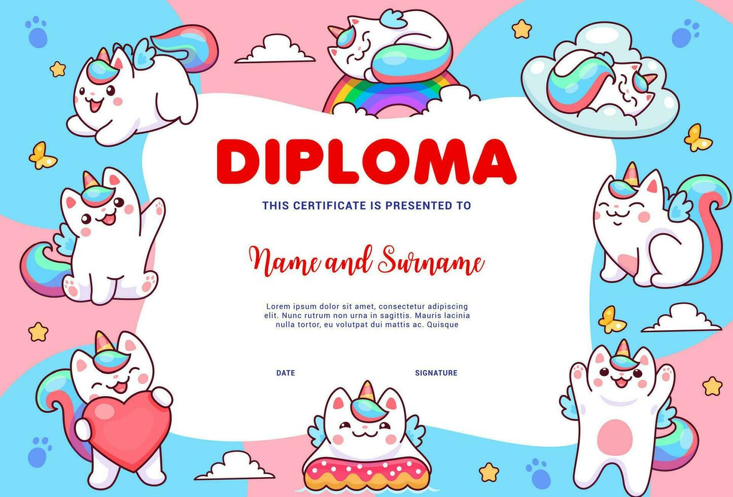 crianças diploma com desenho animado caticorn gatos personagens vetor