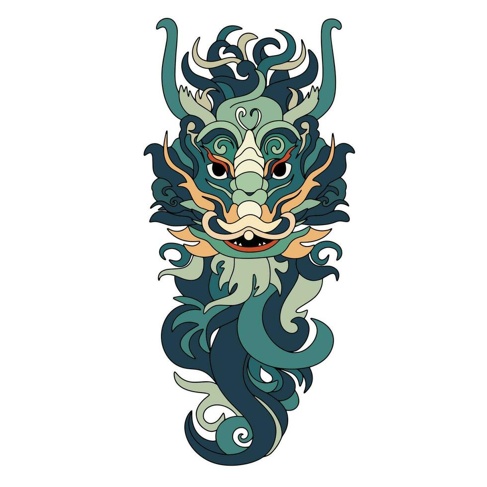 tradicional Dragão cabeça. verde Dragão cabeça isolado em branco fundo. chinês Dragão cabeça colori contorno. vetor ilustração.