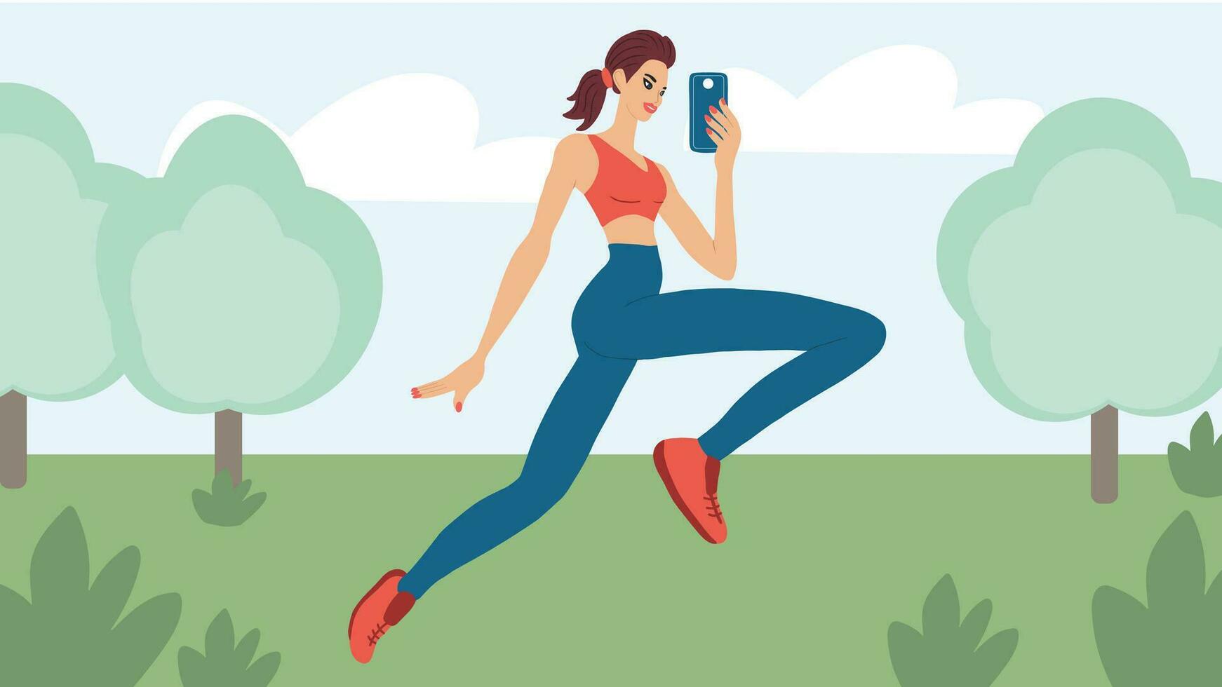 Esportes blogging. Esportes menina blogueiro corrida dentro a parque, gravação vídeo ou transmissão conectados a partir de uma Smartphone para social redes. Esportes transmissão, correndo, saudável estilo de vida. vetor