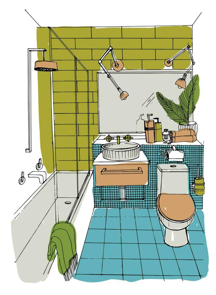 mão desenhado moderno banheiro interior Projeto. vetor colorida esboço ilustração.
