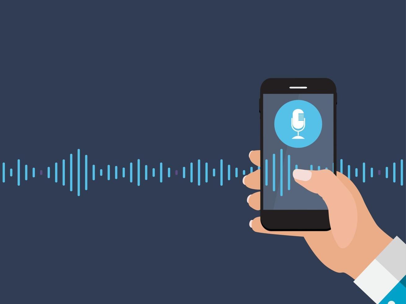 mão com telefone celular com botão de microfone e tecnologias inteligentes em estilo simples. assistente pessoal e conceito de reconhecimento de voz. ilustração vetorial vetor