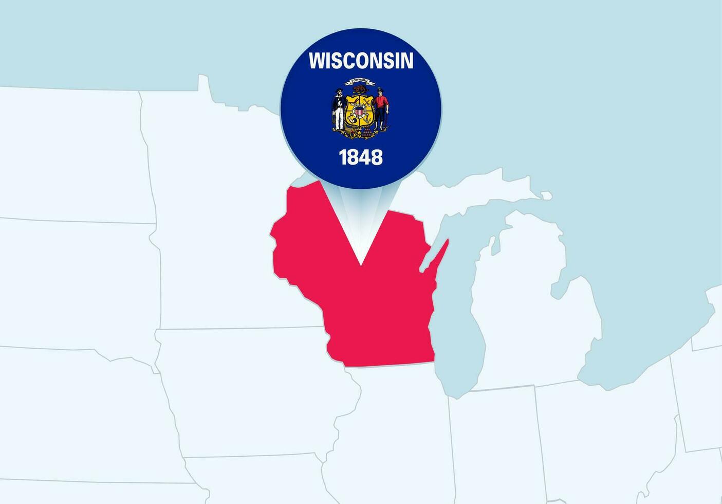 Unidos estados com selecionado Wisconsin mapa e Wisconsin bandeira ícone. vetor