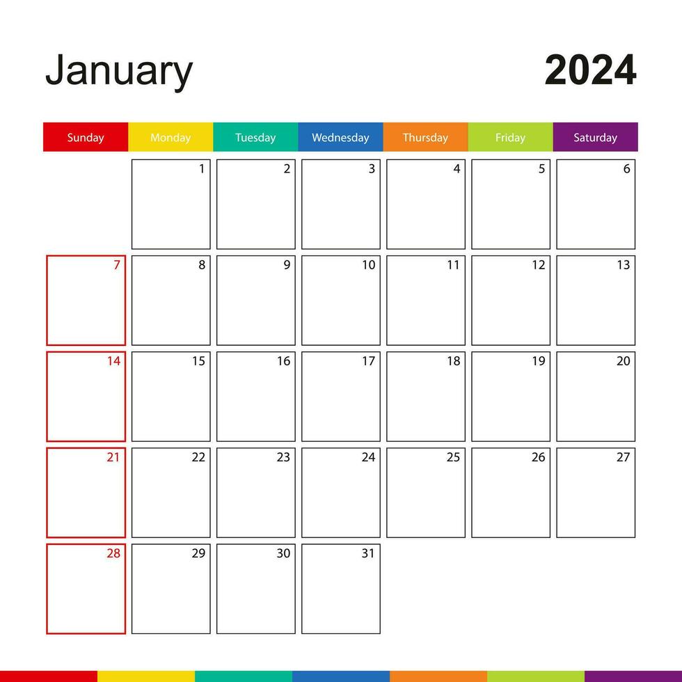 janeiro 2024 colorida parede calendário, semana começa em Domingo. vetor