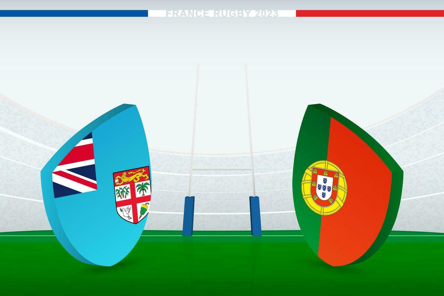 Combine entre fiji e Portugal, ilustração do rúgbi bandeira ícone em rúgbi estádio. vetor