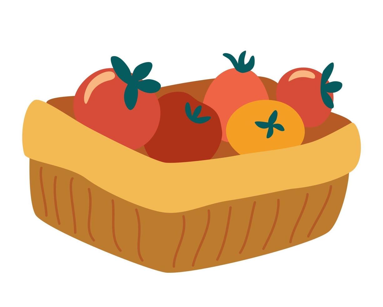 cesta de tomates. conceito de mercado de nutrição vegetariana. pacote de entrega de colheita de alimentos orgânicos saudáveis. ilustração em vetor plana para uma fazenda produzir cartazes de cartões postais de loja e impressão.