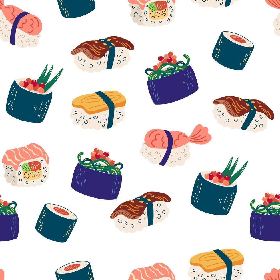 padrão sem emenda com sushi e rolos. ilustração de frutos do mar, filadélfia, maki e nigiri, comida japonesa yummi com salmão e camarão. fundo do vetor para sushi bar, café e entrega