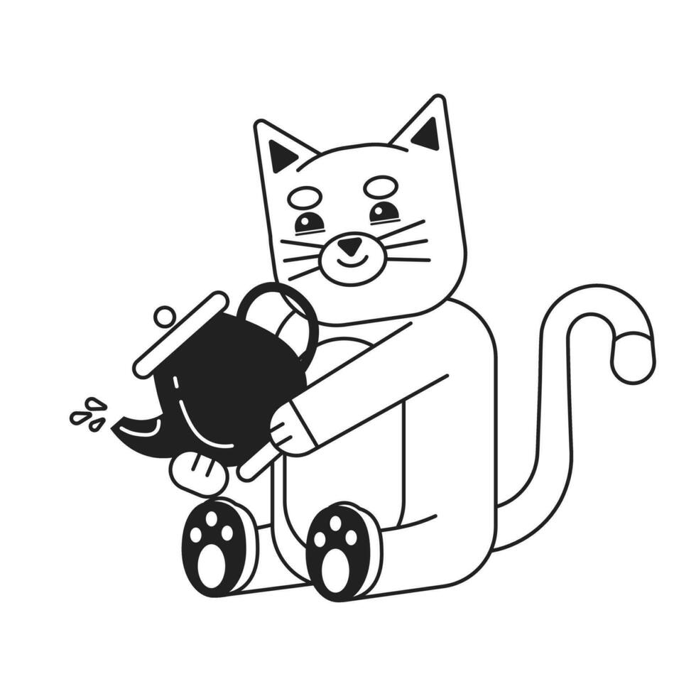 sorridente gato segurando chaleira monocromático plano vetor personagem. derramando bebida. editável fino linha cheio corpo animal em branco. simples bw desenho animado local imagem para rede gráfico Projeto