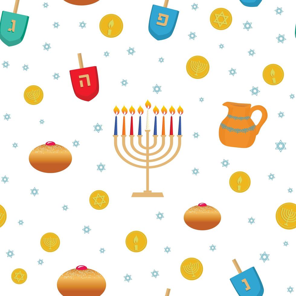 feriado judaico hanukkah símbolos tradicionais sem costura vetor padrão