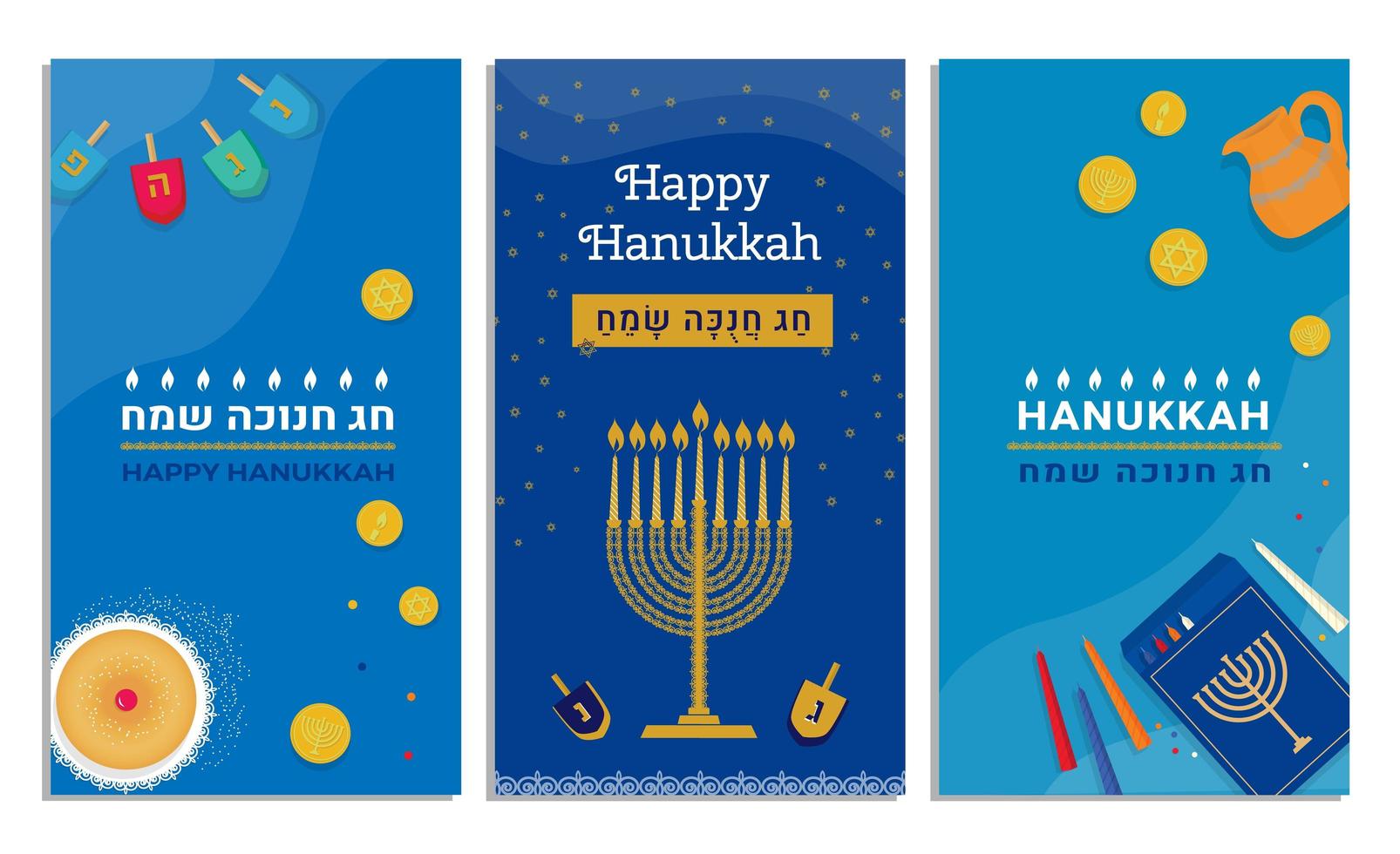 conjunto de bandeiras verticais de histórias de feriado judaico de hanukkah. símbolos tradicionais de chanuká donuts menorah dourada, velas jarra de óleo dreidels letras hebraicas moedas feliz hanukkah em hebraico vetor